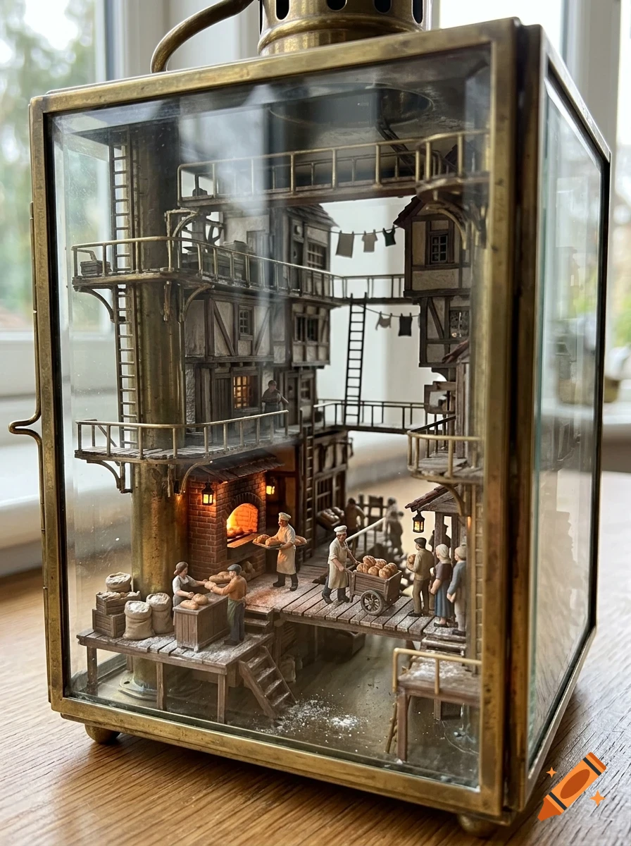 An intricate miniature diorama of a bustling medieval-style bakery street housed inside a brass-framed glass lantern.