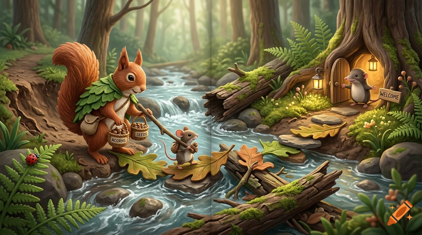 An illustration of a squirrel and a mouse crossing a stream on leaf boats in a lush forest, with another small creature welcoming them from a hollow tree home.