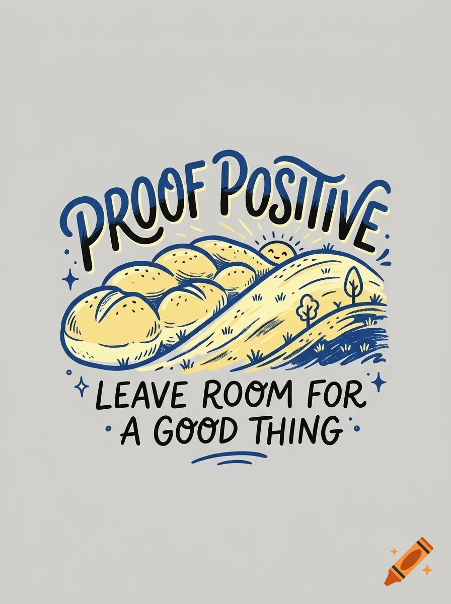 An illustration with loaves of bread resembling rolling hills, accompanied by the text PROOF POSITIVE and LEAVE ROOM FOR A GOOD THING.