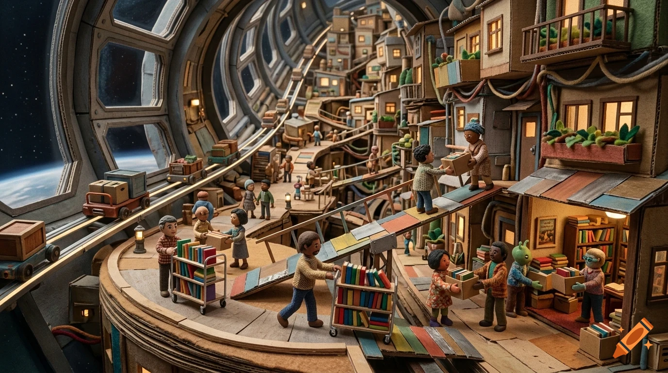 A detailed miniature diorama inside a curved spaceship or tunnel showing tiny clay figures moving boxes and carts of books among layered cardboard houses and pathways.