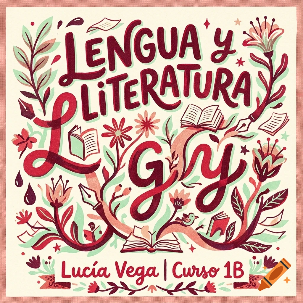 An illustrated cover page with the Spanish text "Lengua y Literatura" and "Lucía Vega | Curso 1B", surrounded by books, flowers, and leaves.