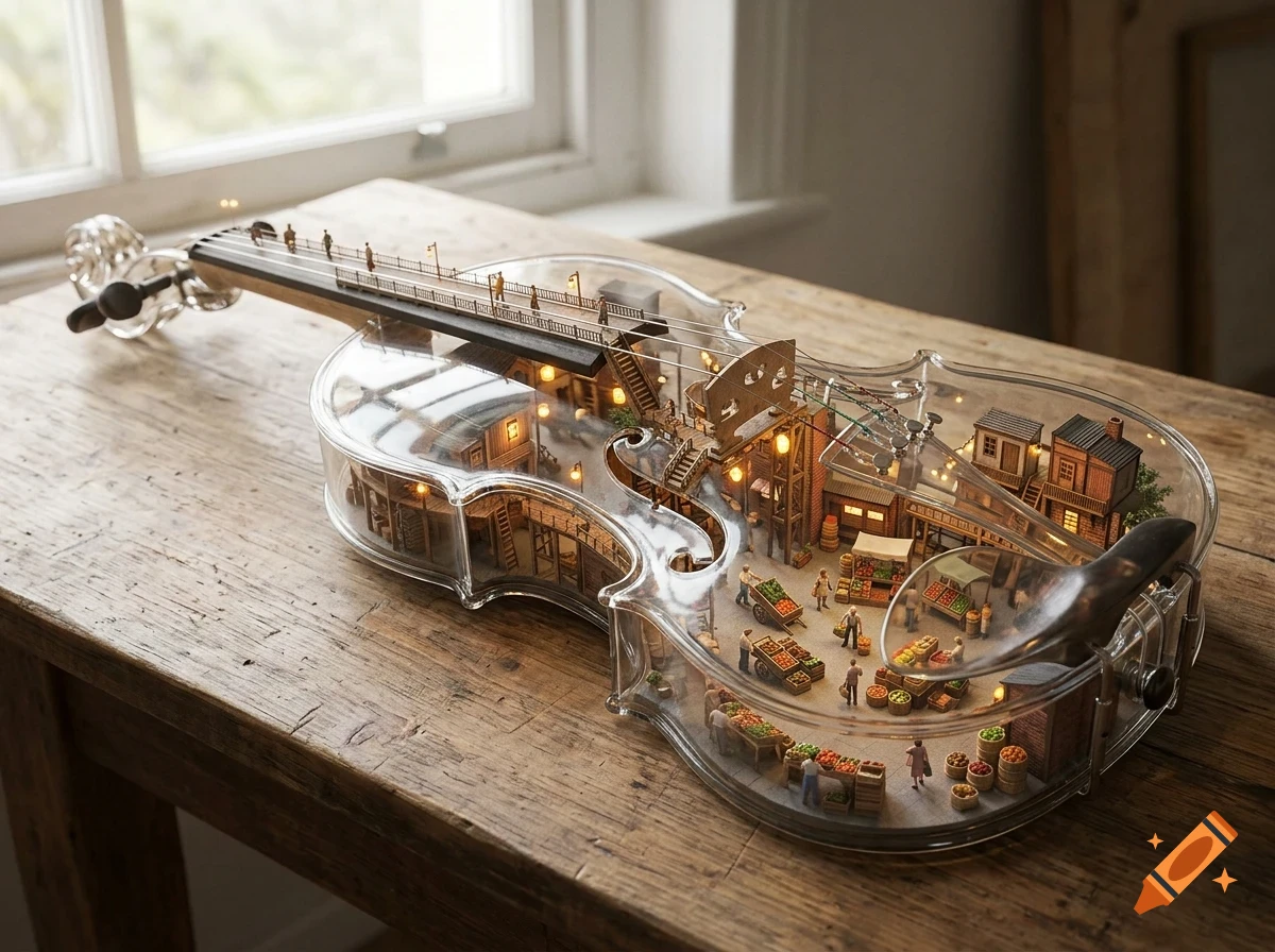 A clear glass violin sits on a wooden table, its interior transformed into a miniature town with tiny buildings, market stalls, and people.