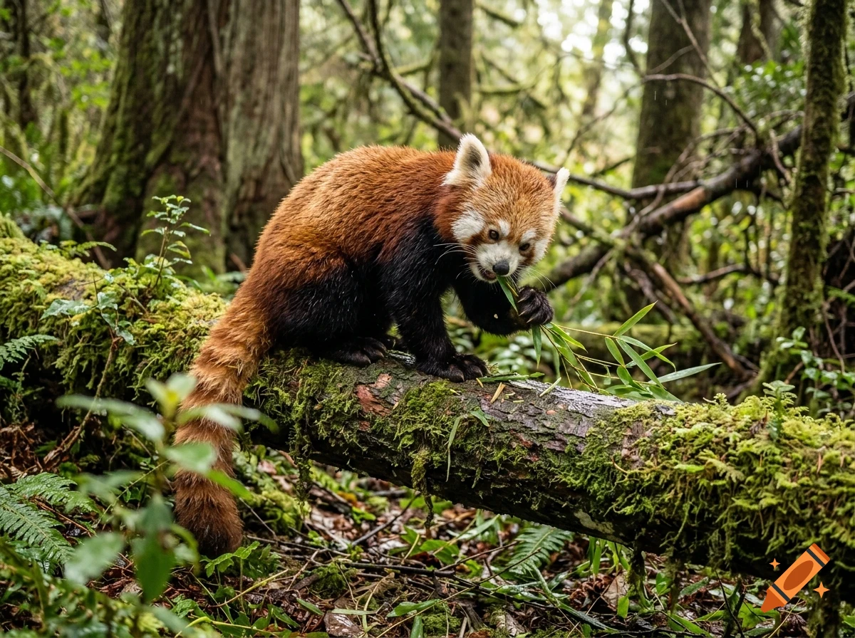 A red panda eating bamboo on a mossy log in a forest.