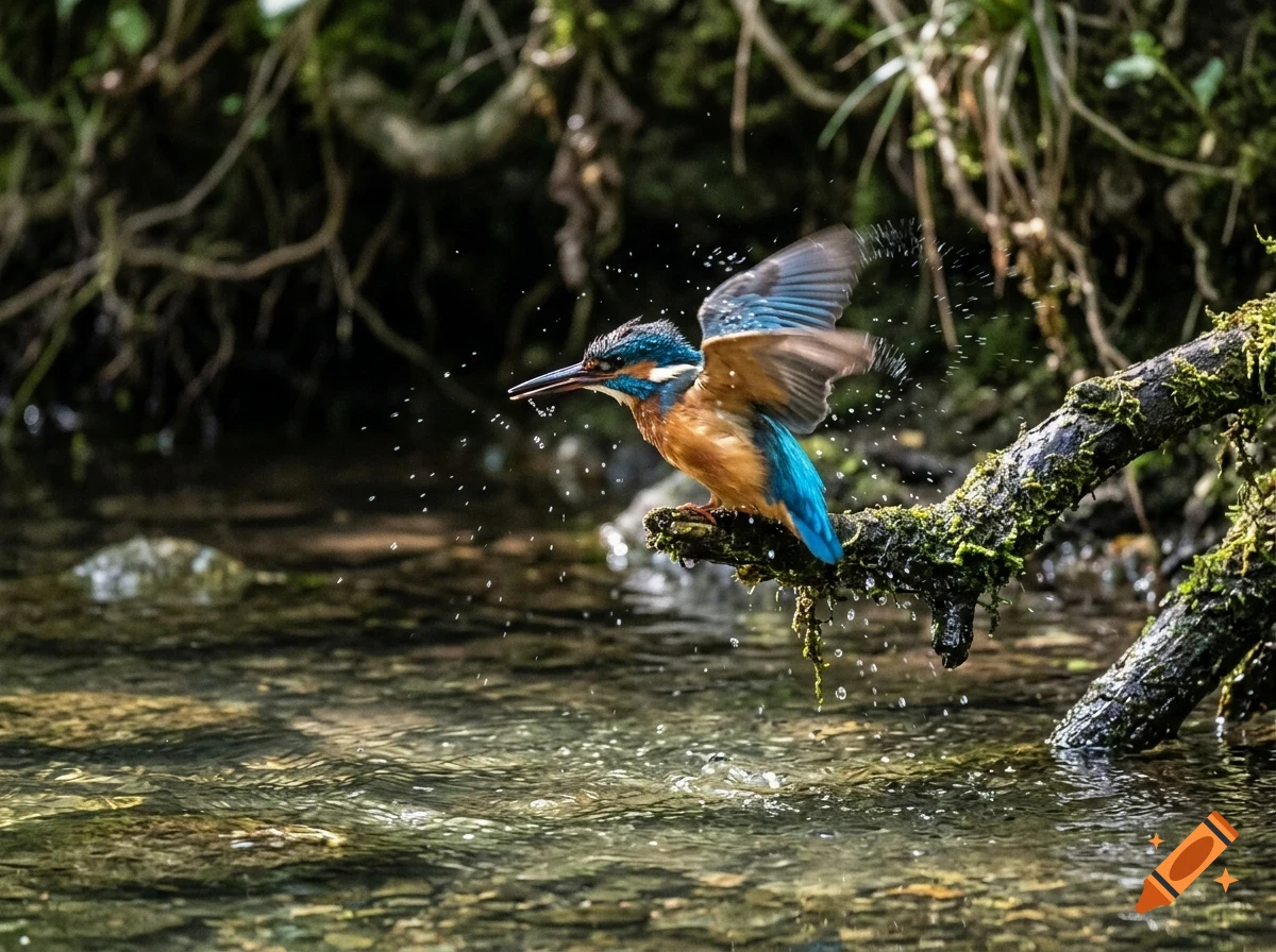 A kingfisher bird splashing as it takes off from a mossy branch over a stream.