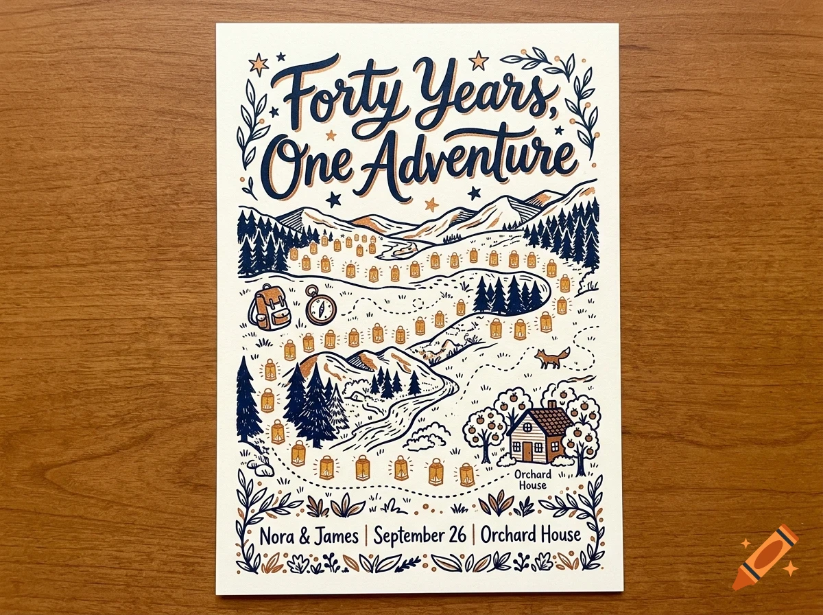 An illustrated card with the text Forty Years, One Adventure, featuring a mountain landscape, a winding trail with lanterns, trees, a house, and the text Nora & James | September 26 | Orchard House.