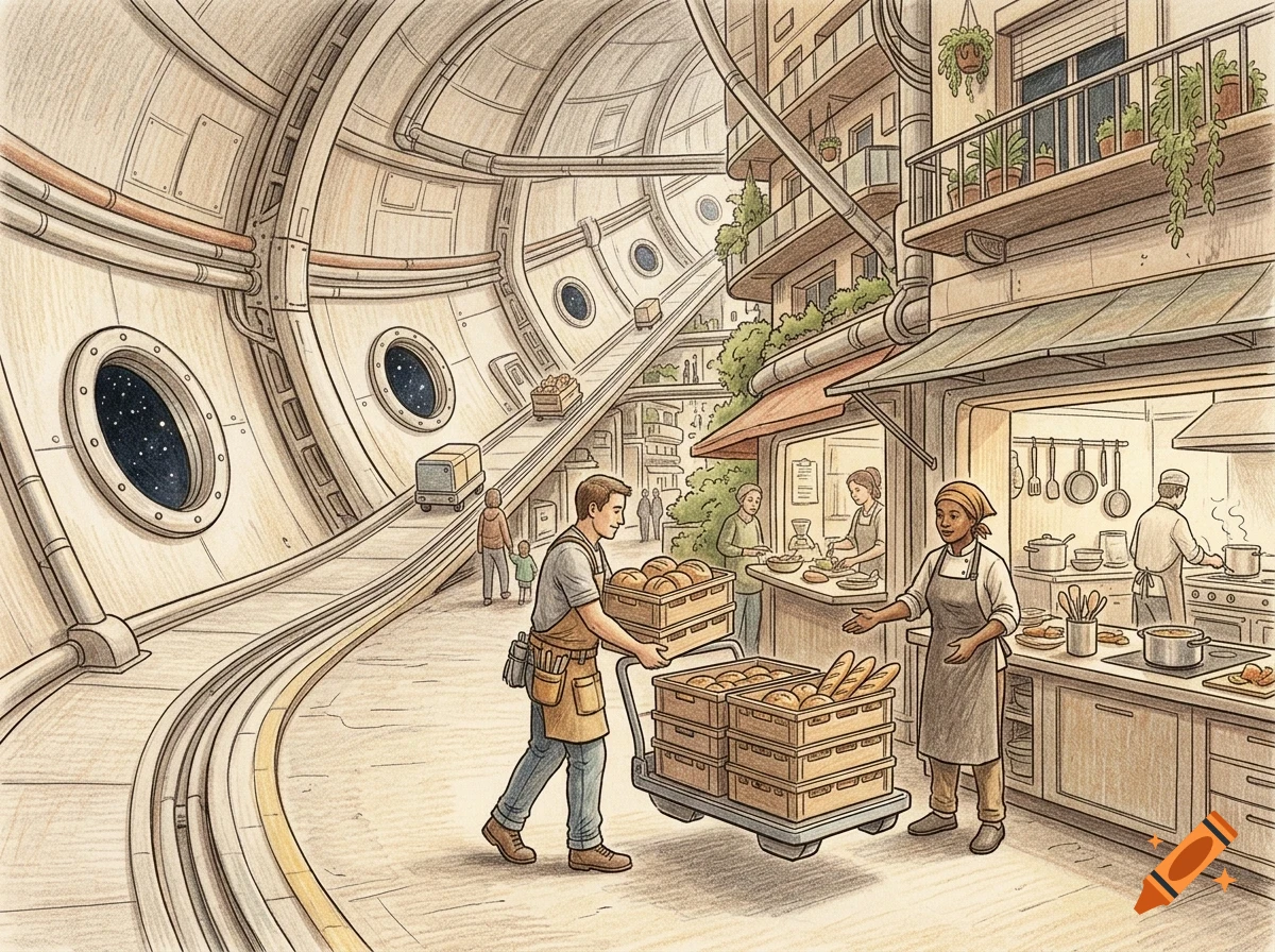 An illustrated view of a bustling street inside a futuristic cylindrical space colony, where workers deliver crates of bread near shops and kitchens.