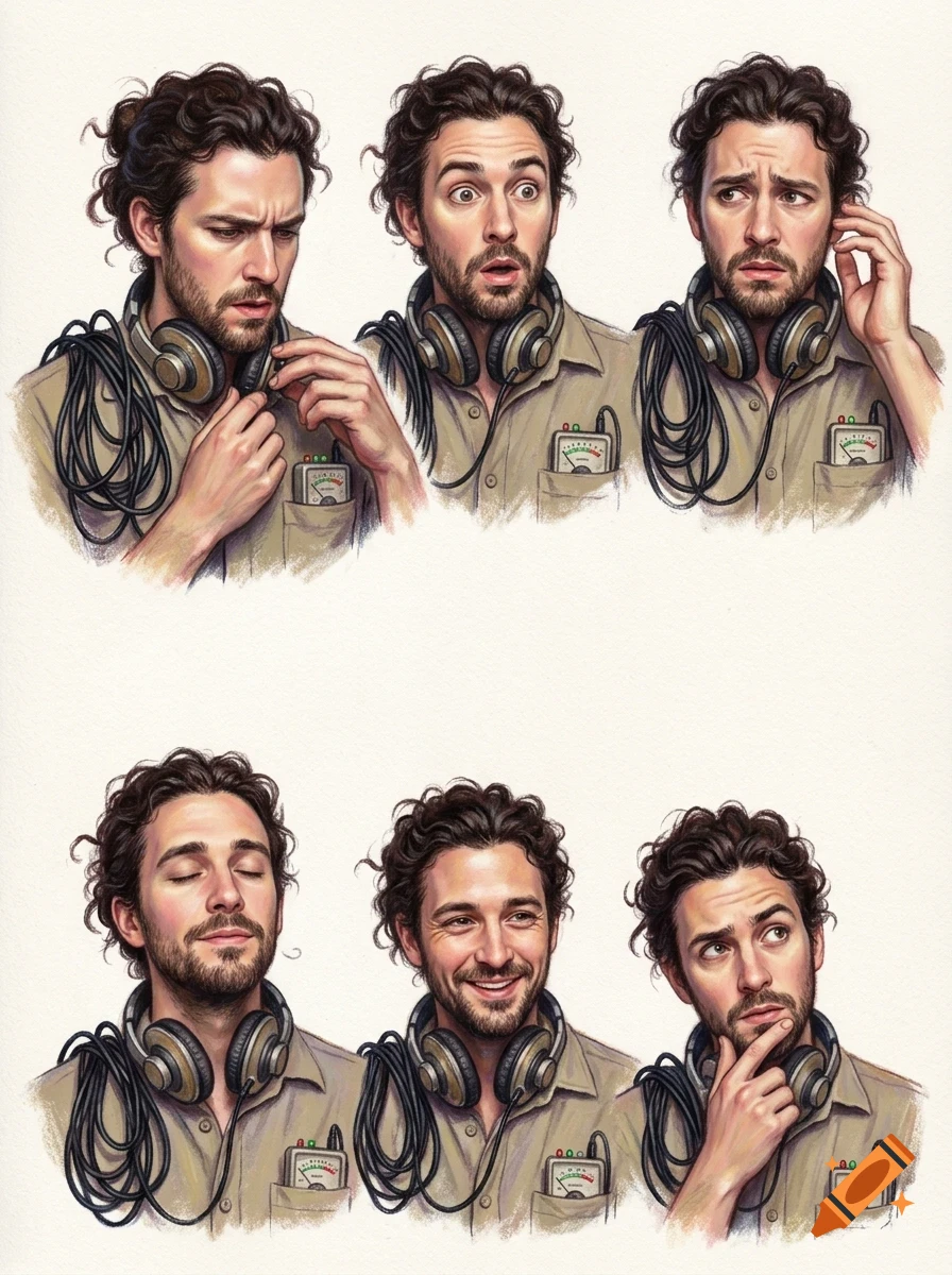 An illustrated character sheet showing a man with curly hair and a beard wearing headphones and a shirt in various expressions and poses.