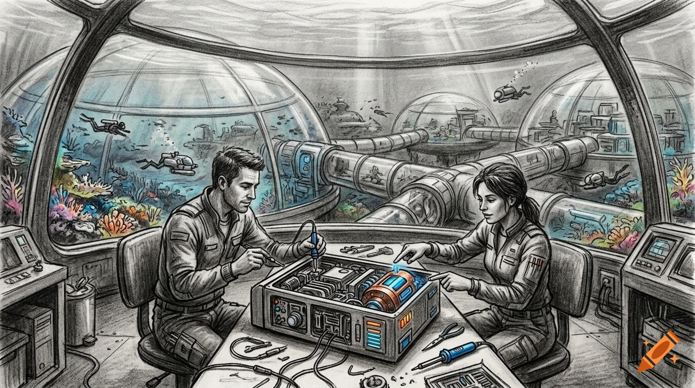 An illustration of a man and woman working together on technical equipment inside an underwater base with glass domes.