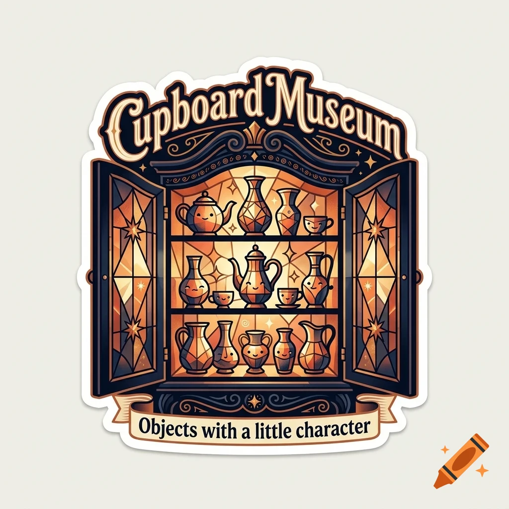 An illustration of an open cabinet containing shelves with anthropomorphic teapots and vases, with text reading Cupboard Museum at the top.