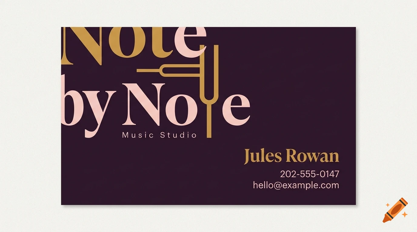 A business card with dark background, gold and pink text reading Note by Note Music Studio, and contact details for Jules Rowan.