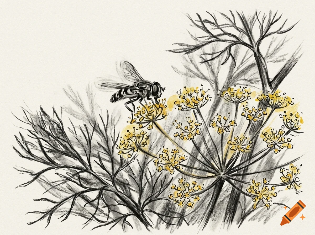 An ink and pencil drawing of a bee on yellow flowers with bare branches in the background.