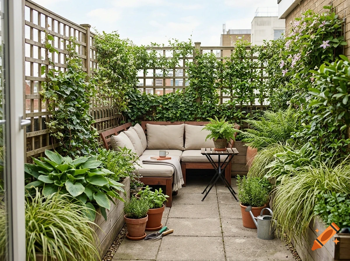 A lush rooftop terrace with wooden trellises, climbing vines, potted plants, and a comfortable corner sofa with beige cushions.