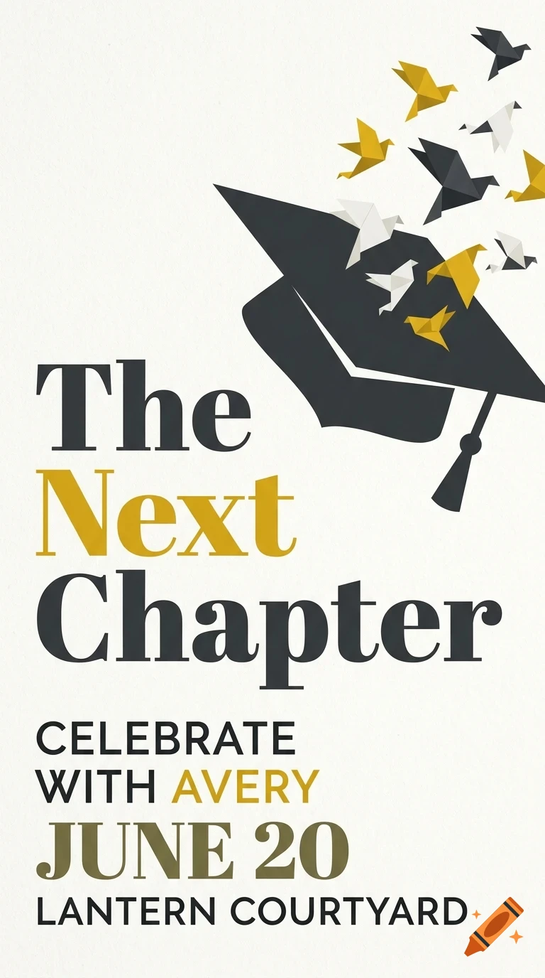 A graduation-themed design with a mortarboard hat and origami birds flying out of it, accompanied by the text The Next Chapter Celebrate With Avery June 20 Lantern Courtyard.