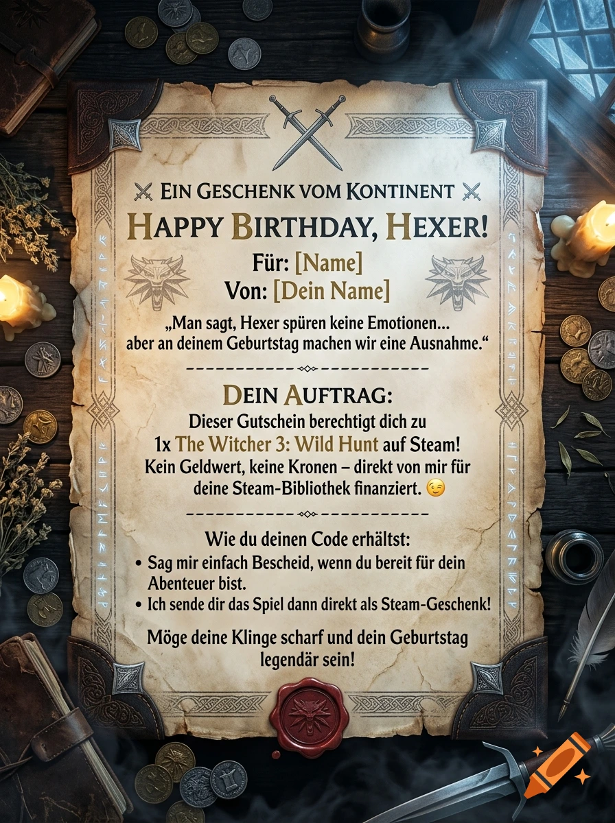 Fantasy-themed parchment scroll with German birthday message, coins, and a red wax seal on a dark wooden table.
