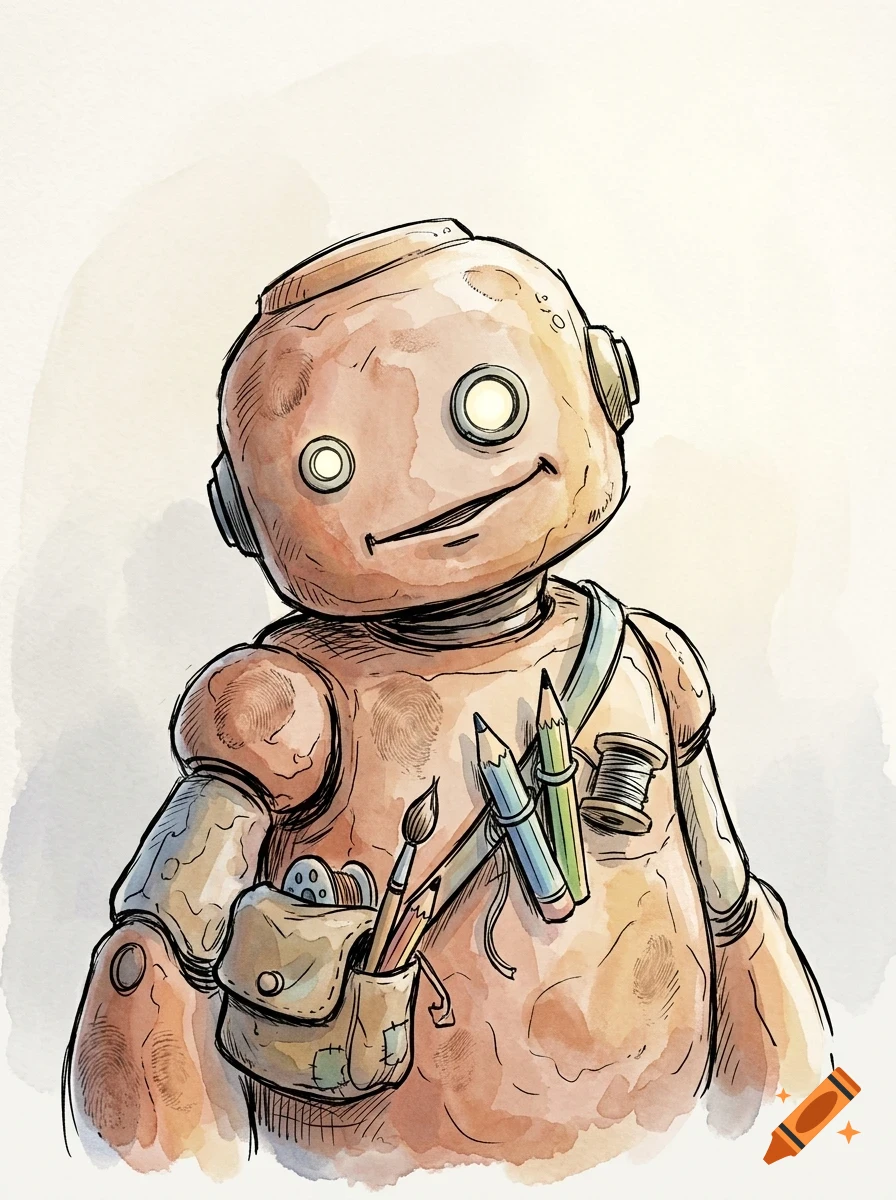 A friendly-looking robot with glowing eyes wears a strap holding art supplies and a pouch.