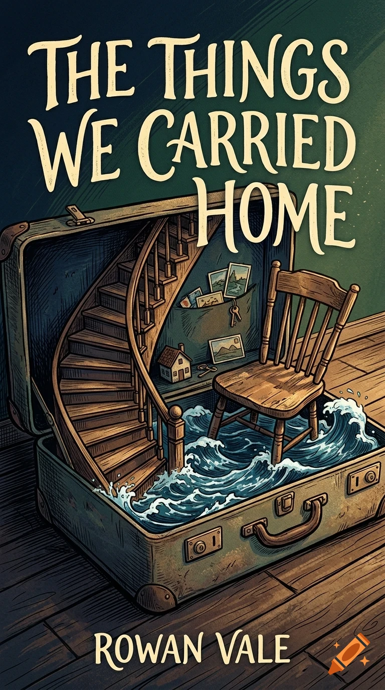 An illustration of an open suitcase containing a spiral staircase, a chair standing in water, and photographs against a dark background with text.