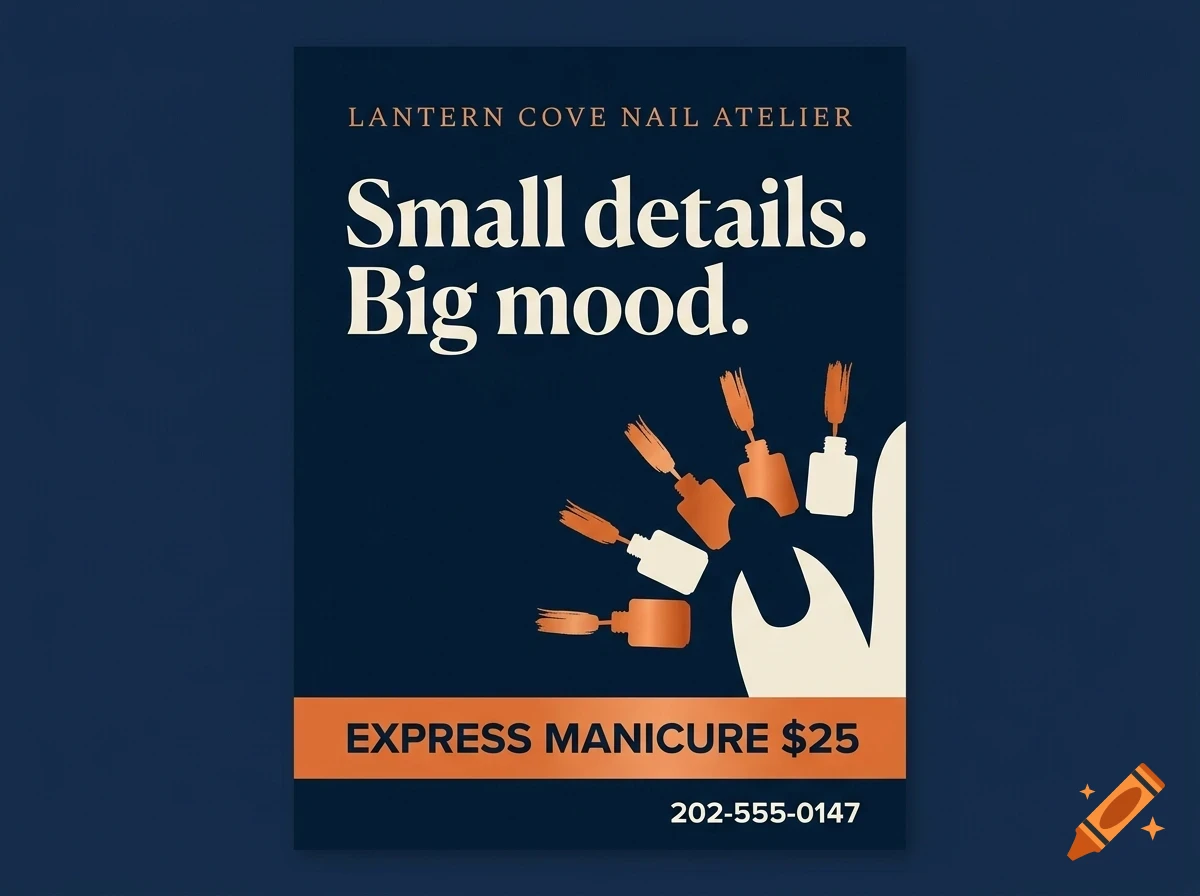 An advertisement for a nail salon with a dark blue background, featuring text that reads Small details. Big mood. and an illustration of a hand with nail polish bottles.
