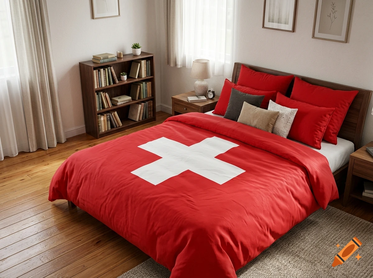 Photorealistic cozy bedroom with a wooden bed, red Swiss flag comforter, bookshelves, and neutral walls.