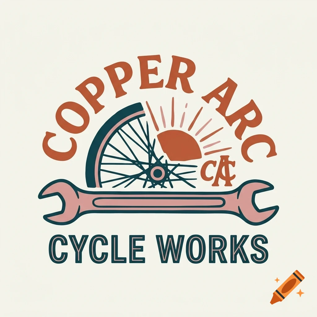 A vintage-style logo featuring a bicycle wheel, a wrench, a rising sun, and the text 'COPPER ARC CYCLE WORKS'.
