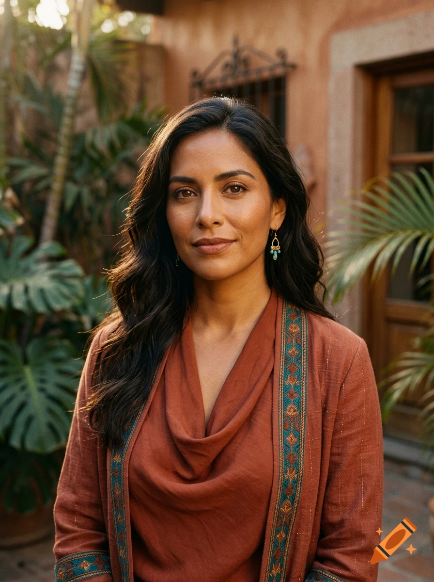 Portrait of a 30-year-old Latina woman with dark wavy hair and a rust-colored tunic, standing outdoors against an earthy wall.