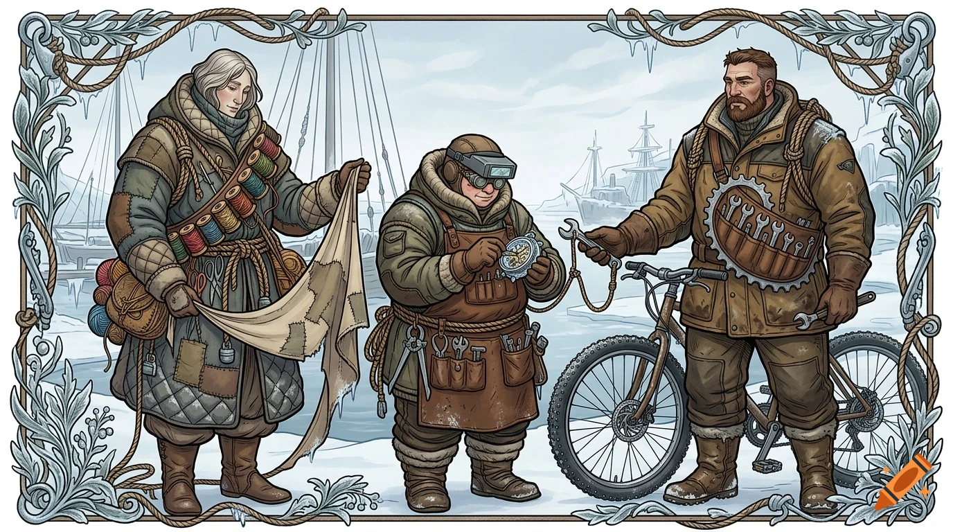 An illustrated depiction of three people in cold-weather gear outdoors, with a decorated border.