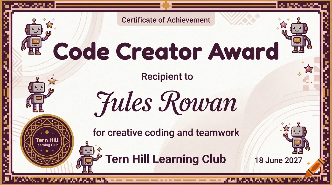 Certificate of Achievement titled Code Creator Award featuring pixel art robots and a decorative border.