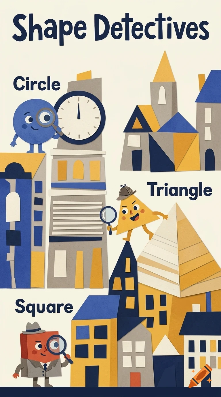 An educational poster titled Shape Detectives featuring cartoon geometric shapes like a blue circle, yellow triangle, and red square interacting with paper-cut buildings and magnifying glasses.