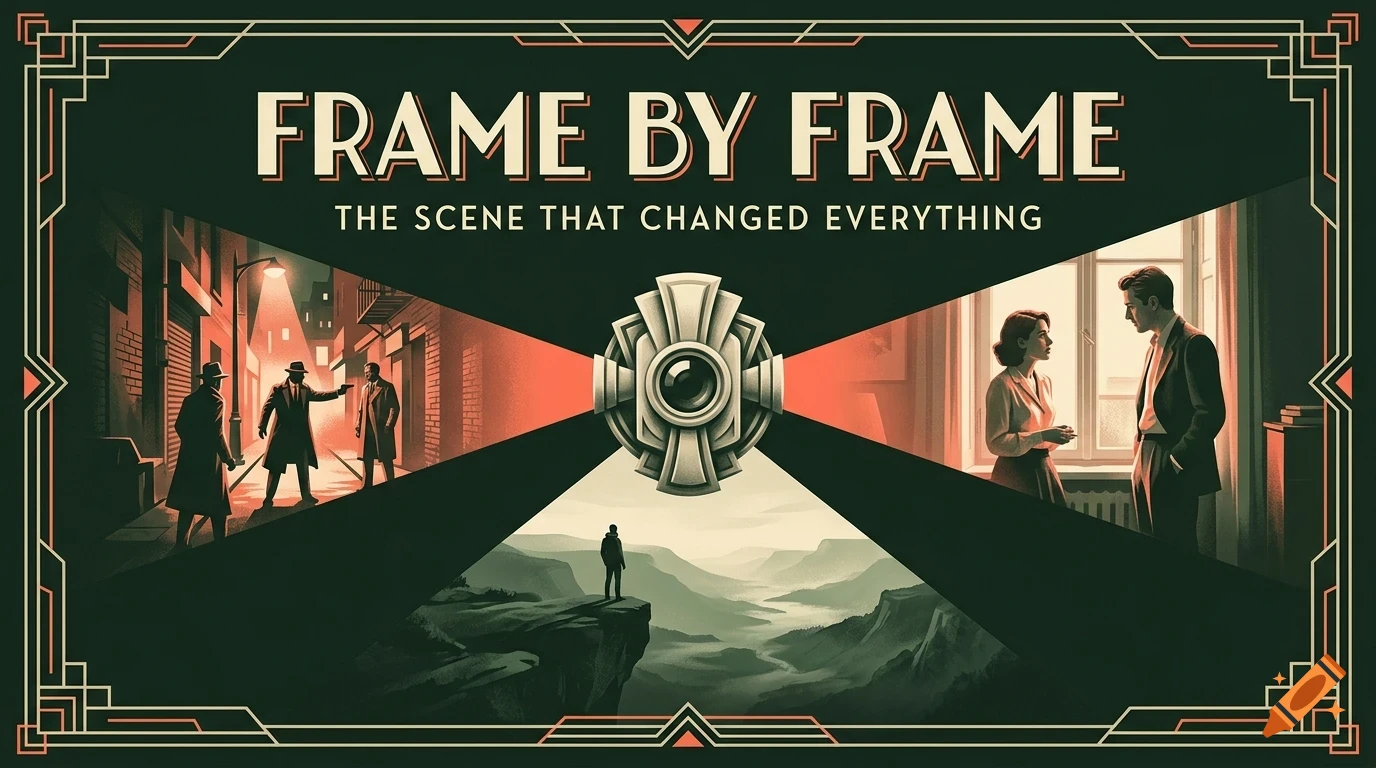 An Art Deco style poster titled FRAME BY FRAME featuring a central camera lens emblem, flanked by three scenes depicting a street confrontation, a landscape, and a conversation indoors.