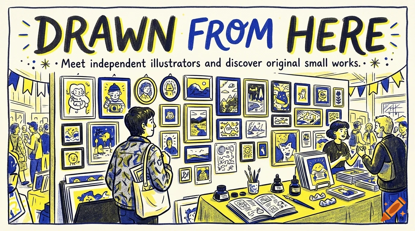 An illustration of an art fair booth with people looking at framed artworks and lettering that reads DRAWN FROM HERE.