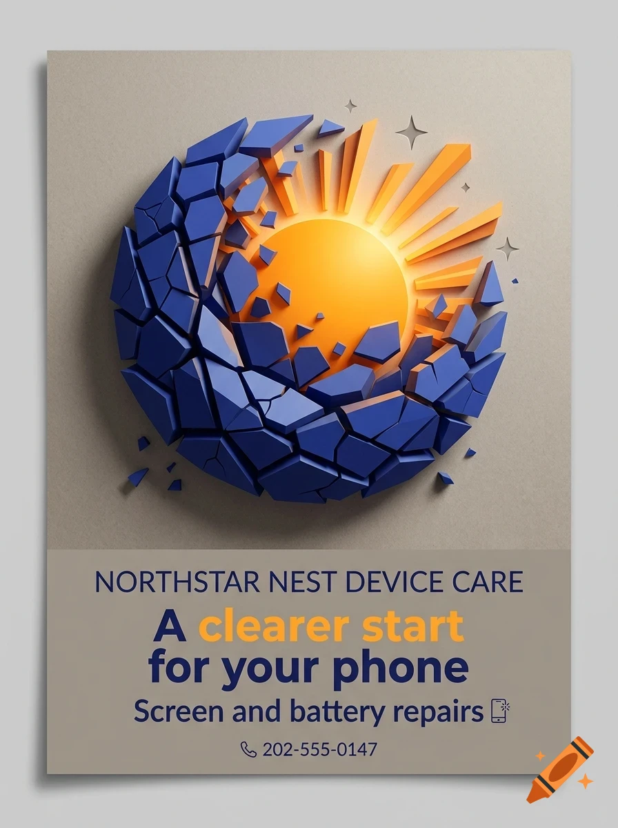 A poster featuring a 3D graphic of a cracked blue sphere revealing a glowing yellow sun, with text below reading Northstar Nest Device Care.