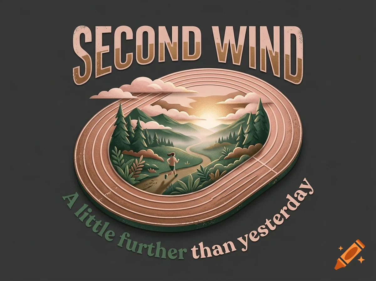 An illustrative graphic featuring a runner on a winding path through a landscape surrounded by an oval running track, with the text "SECOND WIND" above and "A little further than yesterday" below.