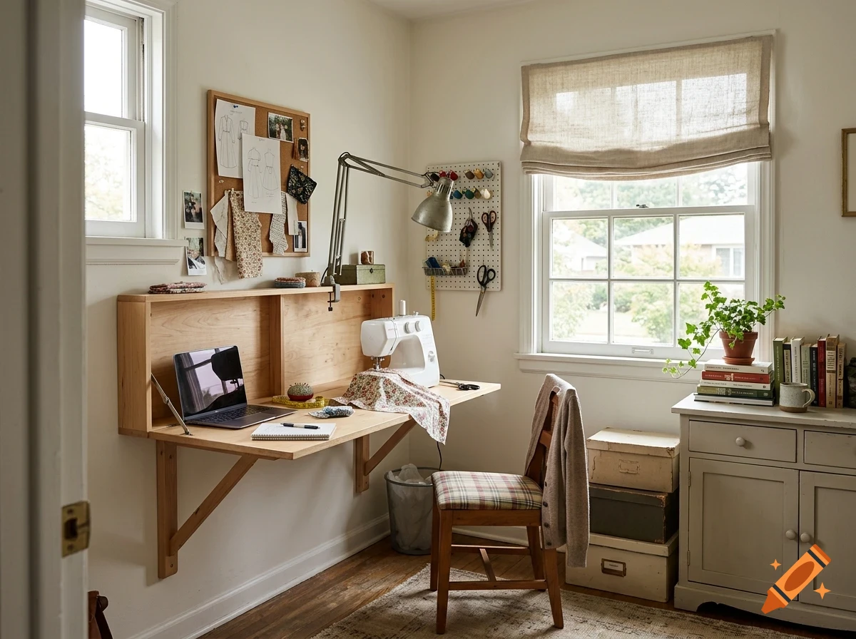 A well-lit craft room with a wall-mounted wooden desk featuring a sewing machine, laptop, and chair.