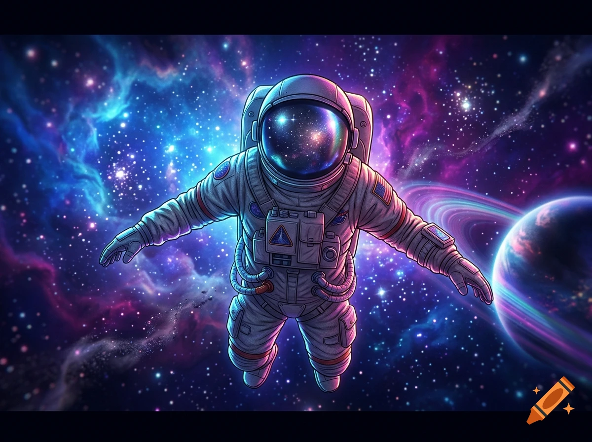 Digital illustration of an astronaut floating in space surrounded by nebulae, stars, and a ringed planet.
