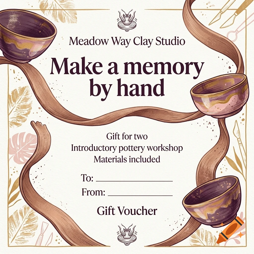 A gift voucher design for a pottery workshop, featuring illustrated clay bowls, ribbons, and pottery tools with text saying 'Make a memory by hand'.