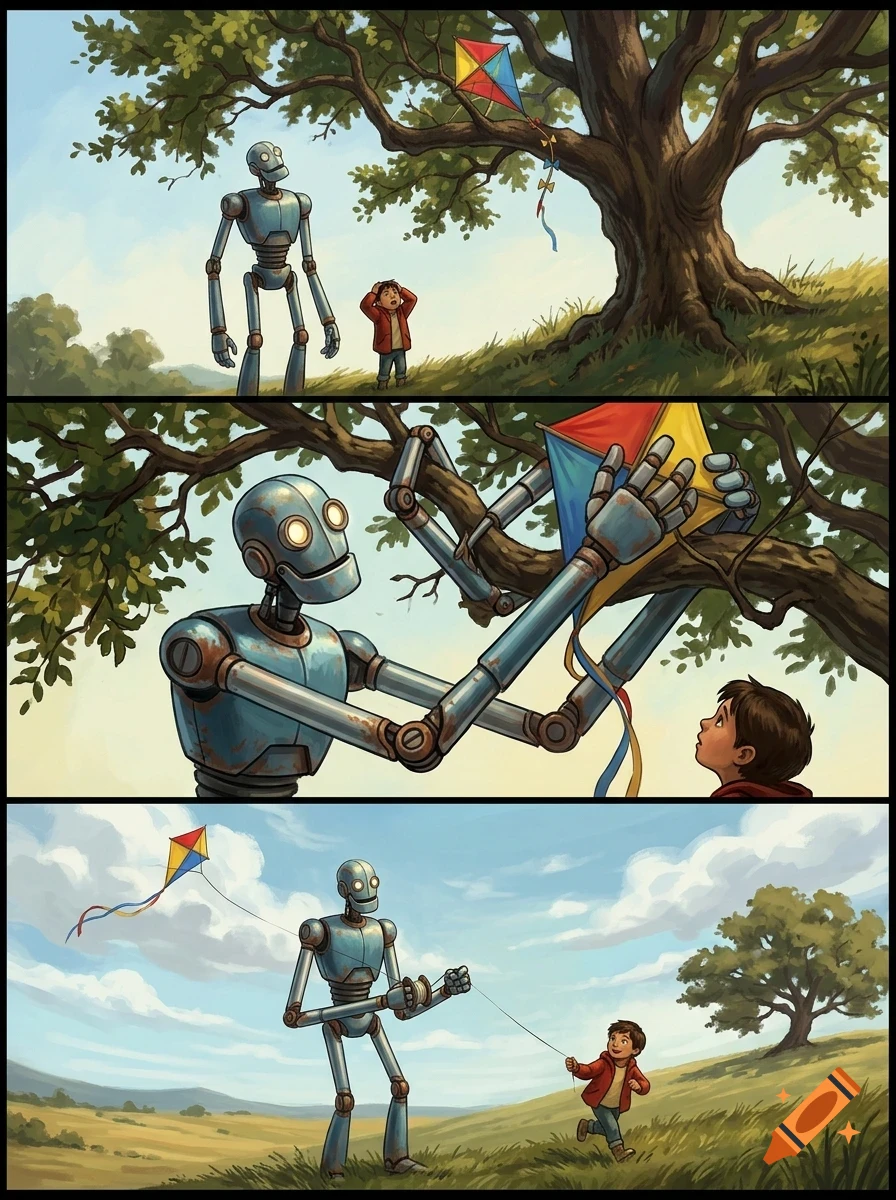 A three-panel illustration showing a large robot helping a young boy retrieve a colorful kite stuck in a tree, then flying it together.