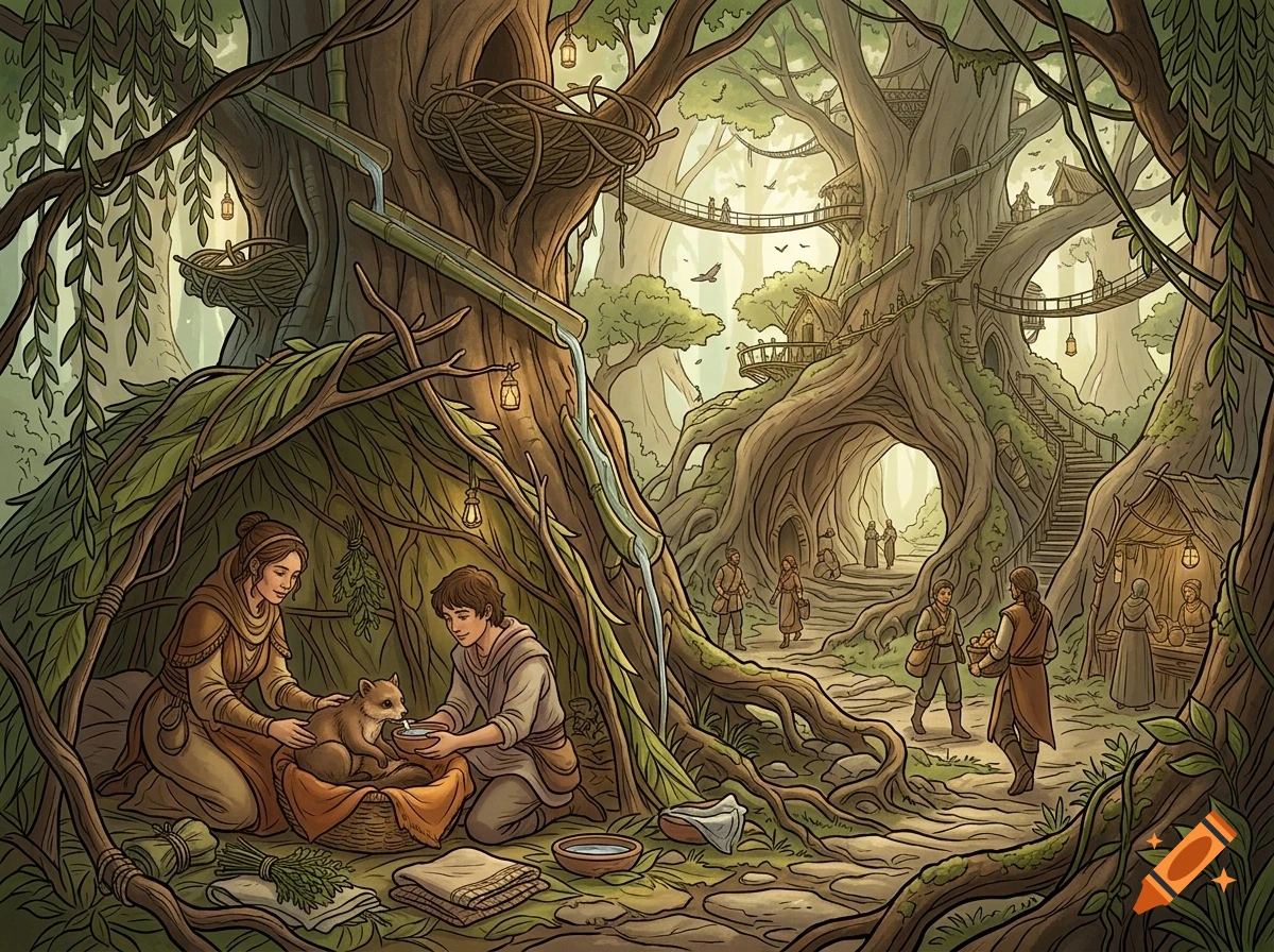 An illustrated fantasy forest scene with people dwelling in giant trees, walkways, and two figures tending to a small animal in a shelter.