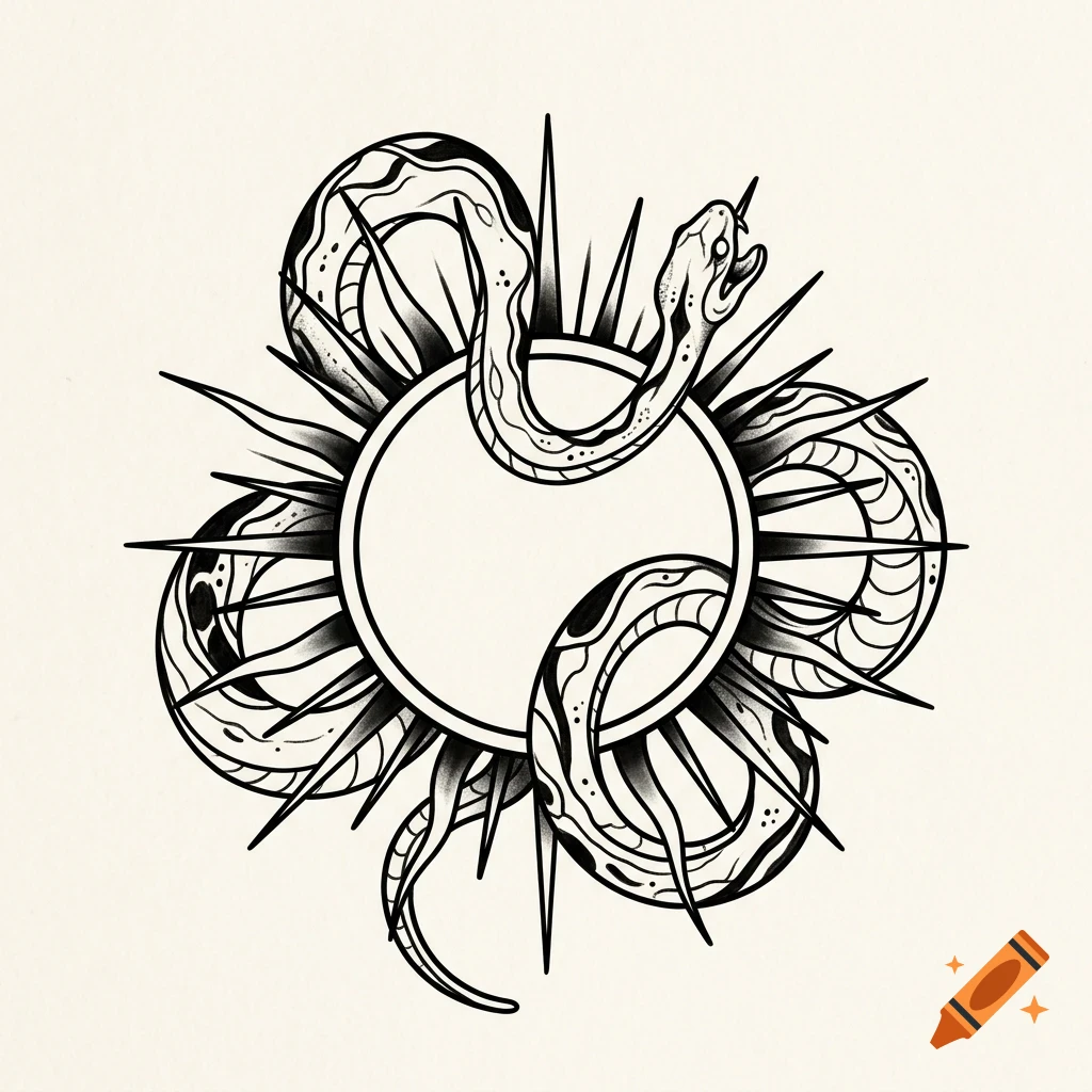 Black and white ink illustration of a snake coiled around a central circle with radiating spikes.
