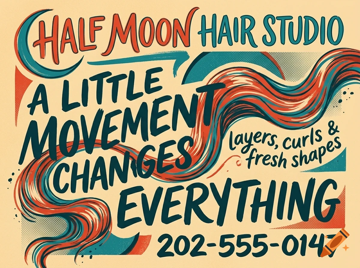 Vintage-style poster featuring the text 'Half Moon Hair Studio', 'A little movement changes everything', and a phone number in retro typography alongside stylized wavy hair shapes.
