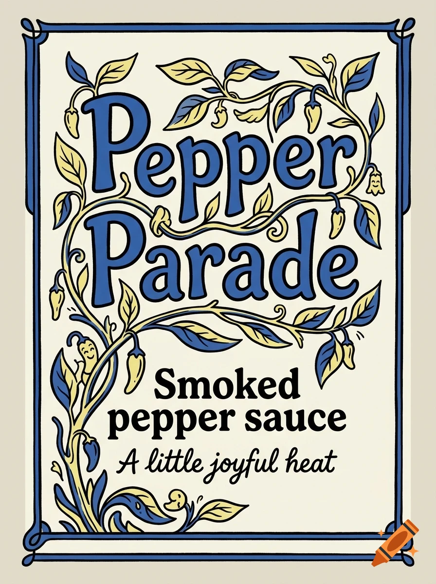 An illustrated label featuring the text 'Pepper Parade' and 'Smoked pepper sauce | A little joyful heat' surrounded by blue and yellow pepper vines inside a decorative border.