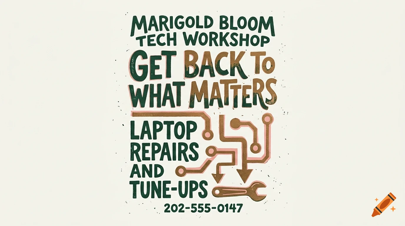 An illustration featuring stylized text and a small wrench icon arranged like a circuit board layout.