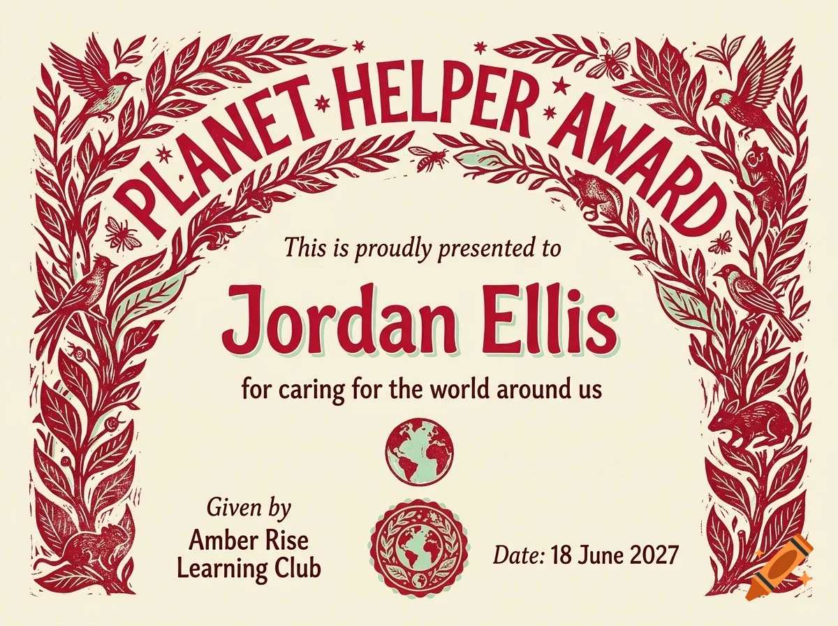 An award certificate titled 'Planet Helper Award' featuring red botanical illustrations, birds, and animals on a cream background.