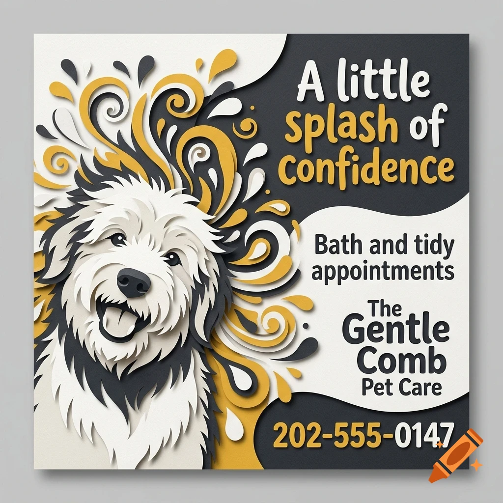 An illustration of a fluffy dog with decorative swirls and text reading A little splash of confidence.