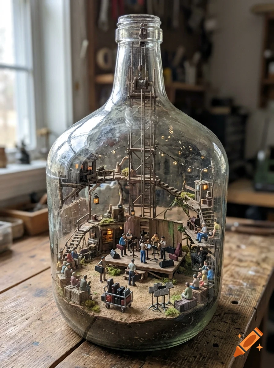 A miniature world inside a large glass bottle featuring a band performing on a small wooden stage with tiny figures watching.