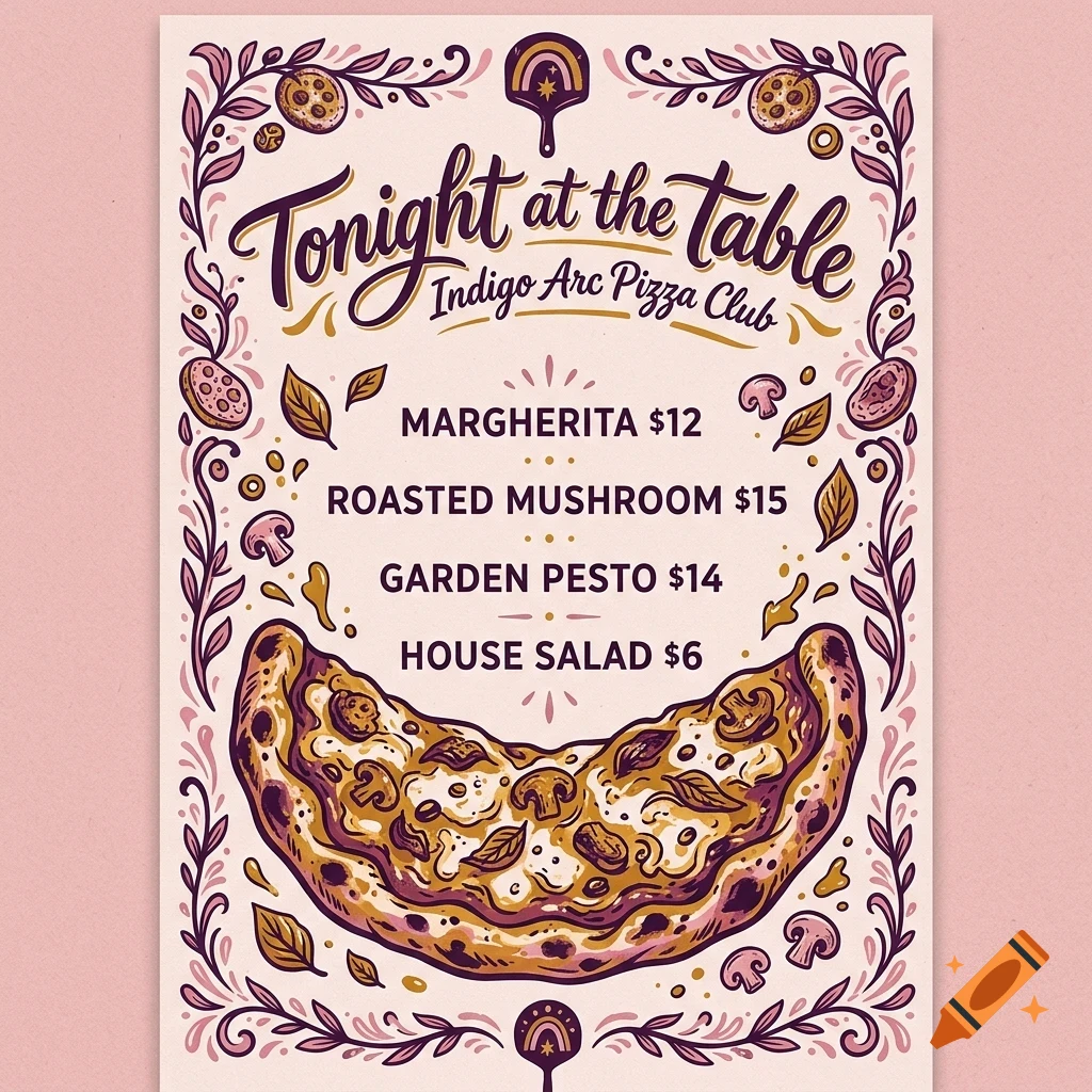An illustrated menu for Indigo Arc Pizza Club featuring lettering reading Tonight at the table, listing pizza prices, and decorated with pizzas and botanical borders.