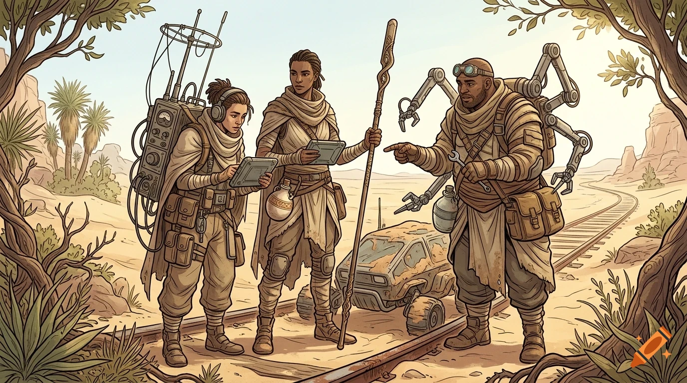 Three explorers with futuristic gear and a robotic assistant stand along desert railroad tracks.