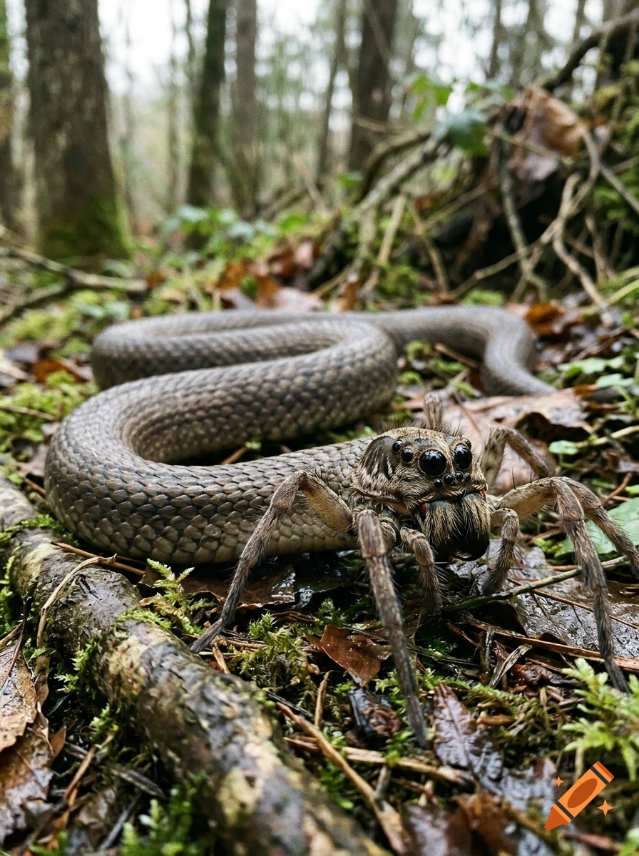 Photorealistic hybrid creature with a snake body and a spider's head with multiple eyes resting on forest floor.