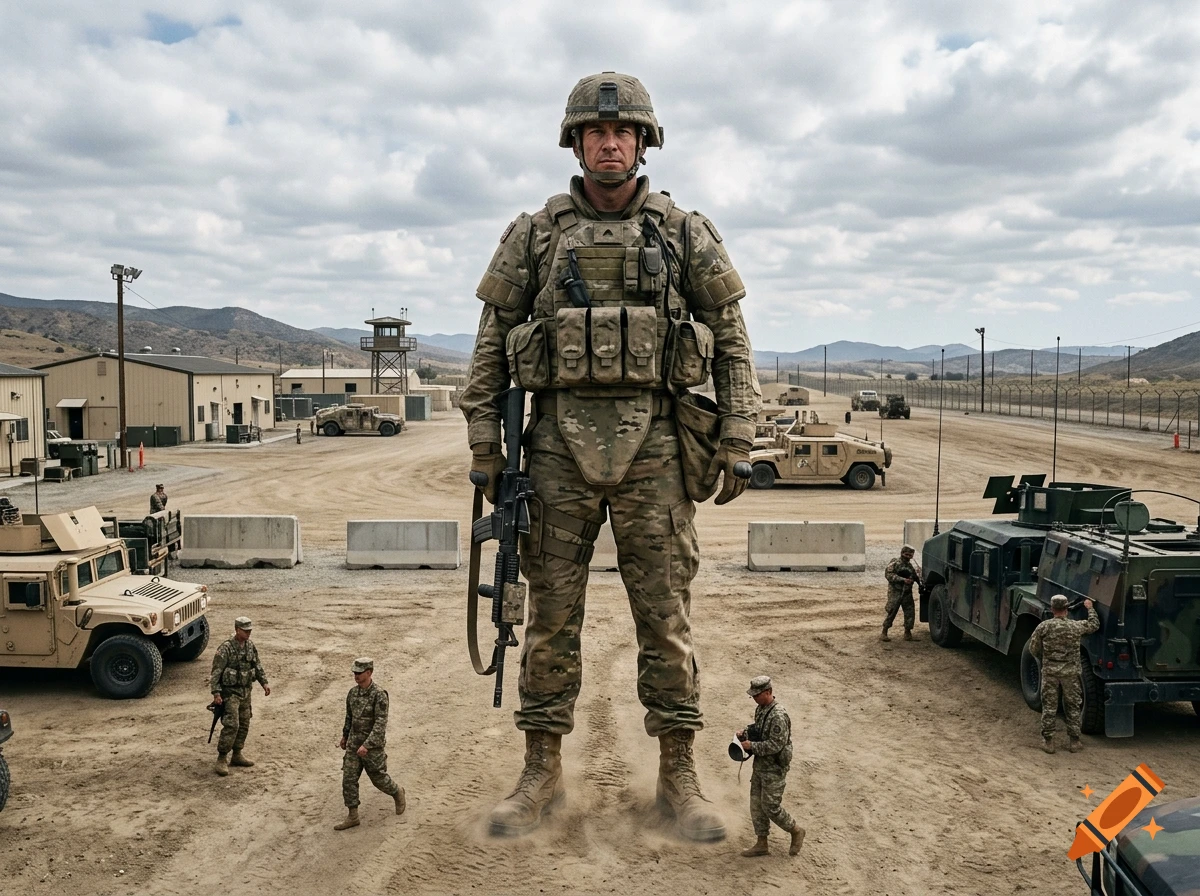 Photorealistic image of a 20-foot-tall soldier standing among regular-sized soldiers and vehicles in a military base.