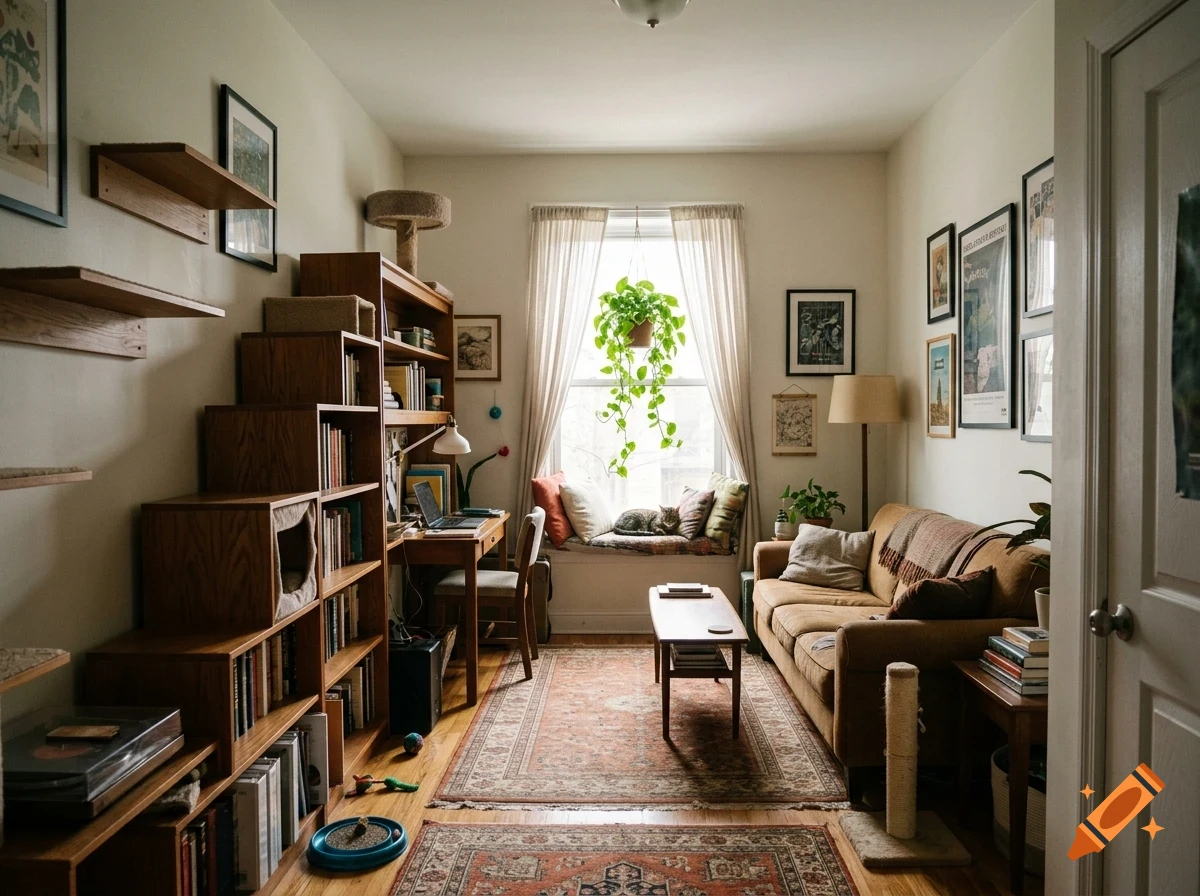 A cozy, sunlit living room filled with bookshelves, a brown sofa, a window seat with a cat, and various house plants.