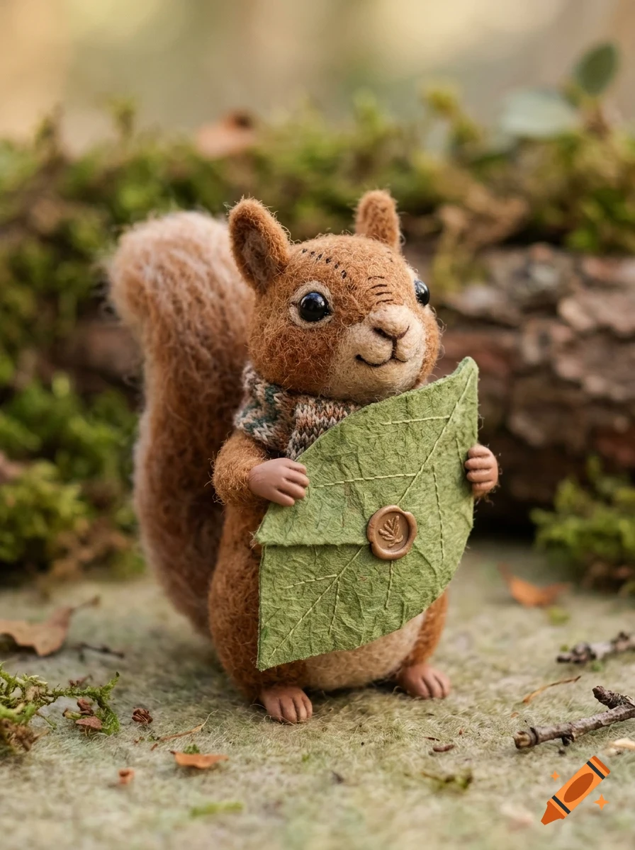 A felted wool squirrel toy wearing a small patterned scarf and holding a green leaf-shaped envelope sealed with a wax seal.