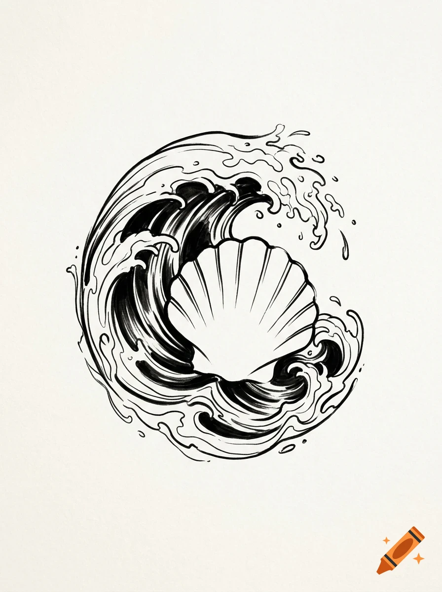 An ink drawing of a seashell nestled in the crest of a swirling ocean wave.